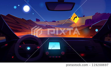 Car driver view of night desert highway 119288697