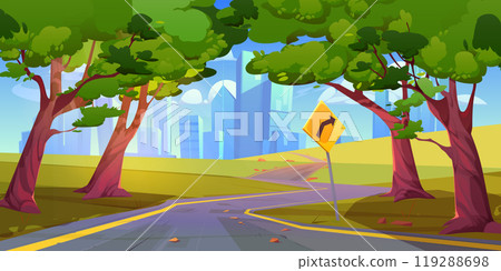 Nature landscape with road, city on horizon 119288698