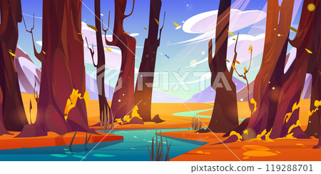 River in autumn forest and mountain nature vector River in autumn forest and mountain nature vector 119288701