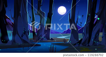 River in night magic forest and mountain nature 119288702