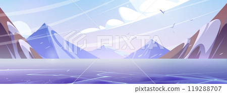 Snowy mountain landscape with ice on river Snowy mountain landscape with ice on river 119288707