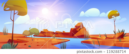 River flowing in desert landscape, oasis, hot sand River flowing in desert landscape, oasis, hot sand 119288714