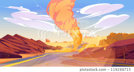 Sand tornado whirlwind in desert sky background 119288715
