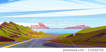 Cartoon road to ocean coastal vector illustration Cartoon road to ocean coastal vector illustration 119288730