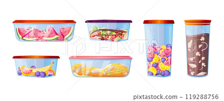 Cartoon set of plastic food containers Cartoon set of plastic food containers 119288756