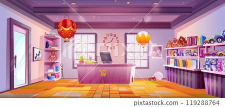 Cartoon toy shop with furniture, goods on shelves 119288764