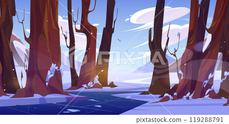 Winter snowy forest landscape in mountain valley 119288791