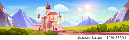 Fairy tale castle on summer mountain landscape Fairy tale castle on summer mountain landscape 119288804