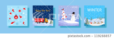A set of four festive winter posters featuring snowy landscapes, holiday decorations, a cheerful snowman, a truck, and reindeer, perfect for seasonal celebrations. 119288857
