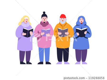 A group of diverse individuals warmly dressed in winter attire sings joyfully, embodying the holiday spirit during a festive winter choir gathering. 119288858