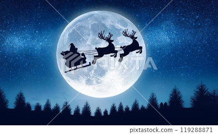 Santa riding a sleigh flying under the blue full moon under the stars on a full moon night 119288871