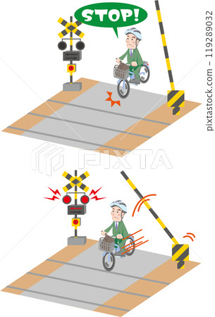 Traffic safety (Bicycle at railroad crossing, businessman (male), entering a railroad crossing with a barrier, stopping, traffic violations) Traffic safety (Bicycle at railroad crossing, businessman (male), entering a railroad crossing with a barrier, stopping, traffic violations) 119289032
