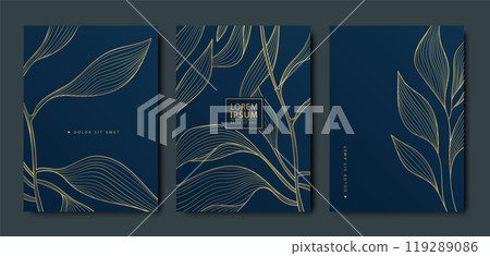 Vector set of gold luxury floral leaf cards, abstract beauty plant design, nature cover. Wedding, menu, birthday flyer, vintage invitation. 119289086