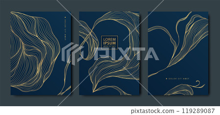 Vector set of gold luxury floral leaf cards, abstract beauty plant design, nature cover. Wedding, menu, birthday flyer, vintage invitation. 119289087