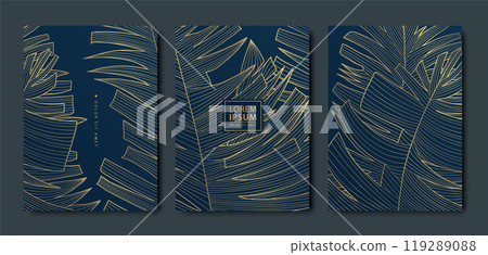 Vector set of gold luxury floral leaf cards, abstract beauty plant design, nature cover. Wedding, menu, birthday flyer, vintage invitation. 119289088