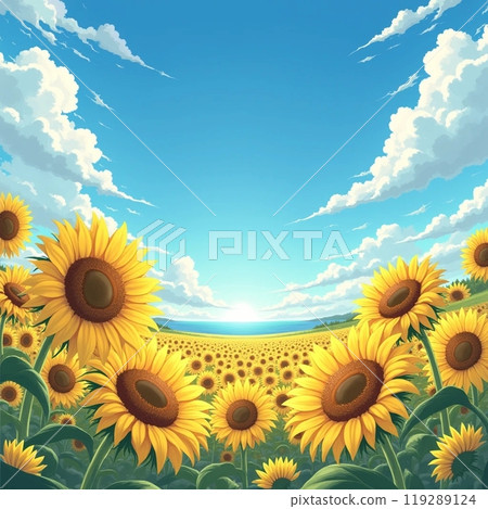 This is an illustration of sunflowers in full bloom under a blue sky. Their vibrant growth is beautiful against the backdrop of the sea and sky. This is an illustration of sunflowers in full bloom under a blue sky. Their vibrant growth is beautiful against the backdrop of the sea and sky. 119289124