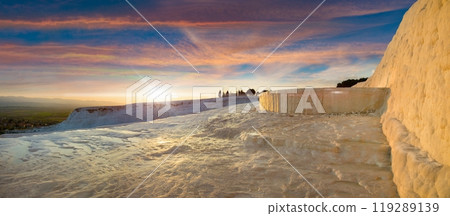 Travertine terrace formations left by flowing thermal springs in Pamukkale, literally "Cotton Castle" in Turkish, most visited attraction in Turkey 119289139