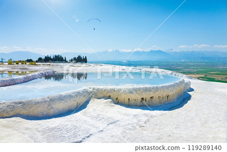 Pool with clear hot water from thermal spring in Pamukkale, Denizli Province in southwestern Turkey. Pamukkale is most visited turkish travel attraction. Pool with clear hot water from thermal spring in Pamukkale, Denizli Province in southwestern Turkey. Pamukkale is most visited turkish travel attraction. 119289140