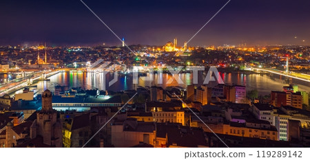 Aerial panoramic night view of Golden Horn inlet and illuminated streets of Istanbul, Turkey. Aerial panoramic night view of Golden Horn inlet and illuminated streets of Istanbul, Turkey. 119289142