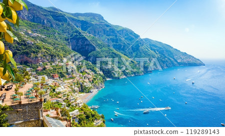 Beautiful Positano with comfortable beaches and clear blue sea on Amalfi Coast in Campania, Italy. Beautiful Positano with comfortable beaches and clear blue sea on Amalfi Coast in Campania, Italy. 119289143