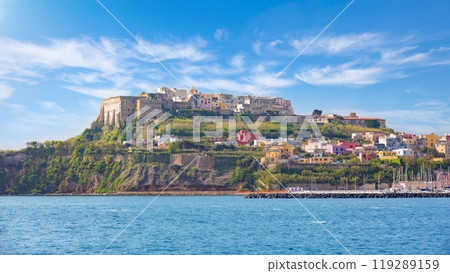 View from sea to rocky coast of island of Procida, southern Italy. View from sea to rocky coast of island of Procida, southern Italy. 119289159