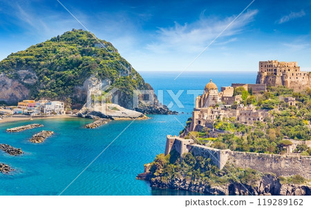 Collage with famous attractions of Ischia Island - Aragonese Castle, green mountain near fishing village Sant'Angelo and clear azure sea, Italy 119289162