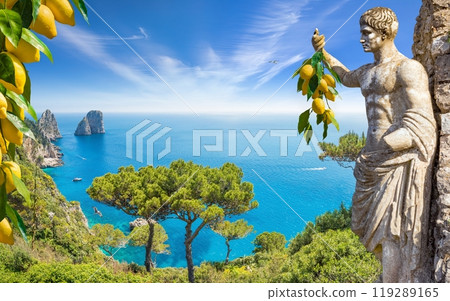 Collage with famous Faraglioni Rocks in azure sea and statue of Emperor Augustus holding bunch of fresh yellow ripe lemons in hand, Capri Island, Italy. 119289165