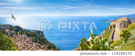 Panoramic collage with aerial view of Taormina and Church of Madonna della Rocca built on rock, Sicily, Italy. 119289170