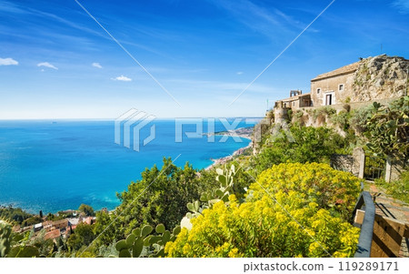 Church of Madonna della Rocca built on rock in Taormina, Sicily, Italy. Church of Madonna della Rocca built on rock in Taormina, Sicily, Italy. 119289171