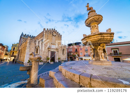 Church of San Nicola, sometimes called "fortress cathedral", located on Piazza del Duomo in old town of Taormina, Sicily, Italy Church of San Nicola, sometimes called "fortress cathedral", located on Piazza del Duomo in old town of Taormina, Sicily, Italy 119289176