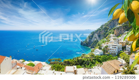 Panoramic aerial view of beautiful Positano with comfortable beaches and clear blue sea on Amalfi Coast in Campania, Italy. 119289306