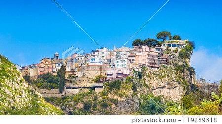 Castelmola is picturesque village perched on hilltop above Taormina located in Metropolitan City of Messina, Sicily, Italy 119289318