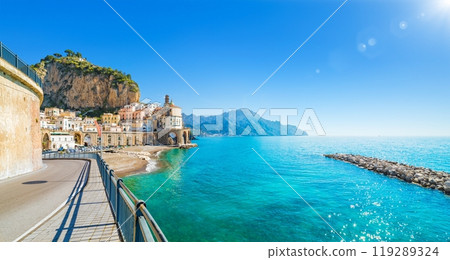 Road leading along Amalfi coast to small town Atrani in province of Salerno, Campania region, Italy. Road leading along Amalfi coast to small town Atrani in province of Salerno, Campania region, Italy. 119289324