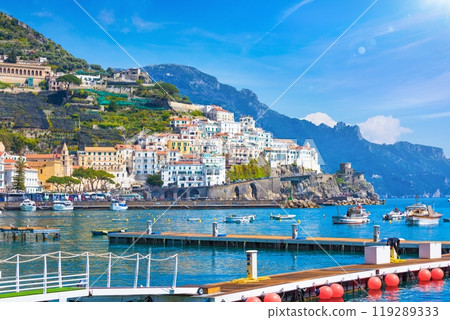 Beautiful seaside town Amalfi in province of Salerno, Campania, Italy. Amalfi coast is popular travel and holyday destination in Europe. Beautiful seaside town Amalfi in province of Salerno, Campania, Italy. Amalfi coast is popular travel and holyday destination in Europe. 119289333
