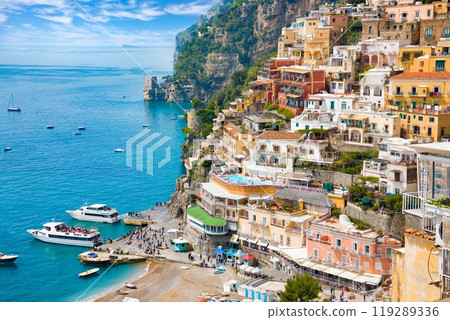 Beautiful Positano on hills leading down to coast and azure sea on Amalfi Coast in Campania, Italy. 119289336