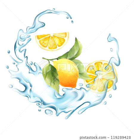 Lemons with water splash. Fruit illustration on white background 119289428