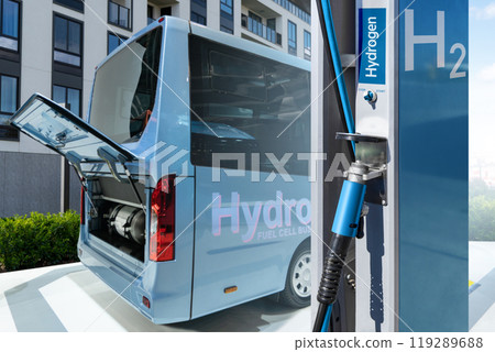 Hydrogen gas station and bus with an open hood and a hydrogen cylinder inside. Clean mobility concept. Hydrogen gas station and bus with an open hood and a hydrogen cylinder inside. Clean mobility concept. 119289688