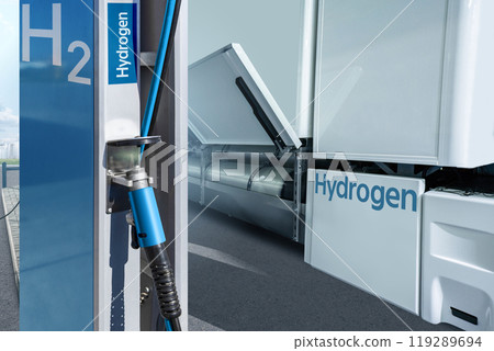 A hydrogen fuel cell semi truck with H2 gas cylinder onboard next to filling station. Eco-friendly commercial vehicle concept. 119289694