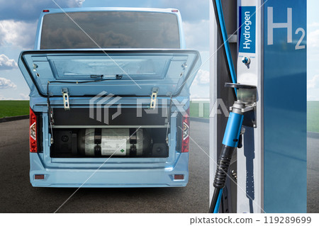 Hydrogen gas station and bus with an open hood and a hydrogen cylinder inside. Clean mobility concept. 119289699
