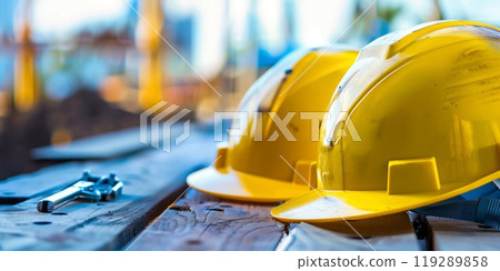 Yellow construction helmets and other tools  lying on wooden planks for labor day celebration 119289858