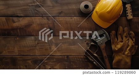 Protective helmets, gloves, and work tools lying on wooden  planks for labor day, copy space 119289860