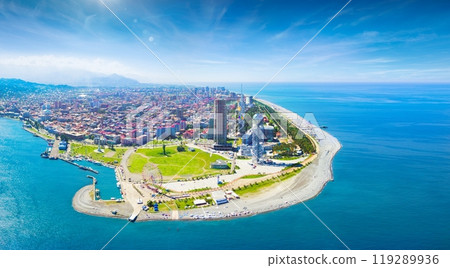 Aerial panoramic image of beautiful Batumi in Georgia made with drone in sunny summer weather. Aerial panoramic image of beautiful Batumi in Georgia made with drone in sunny summer weather. 119289936