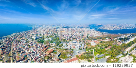 Aerial panoramic view of historical center of city and famous landmarks in Istanbul, Turkey. Blue Mosque and Hagia Sophia in Sultanahmet district of Istanbul. 119289937