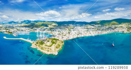 Aerial view from drone of popular resort town Bodrum in Turkey. Beautiful blue sky with white clouds, blue sea with clear water. 119289938