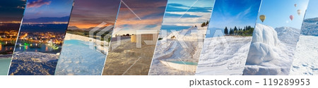 Amazing white travertine in different time of day, geological phenomenon literally "Cotton Castle" in Turkish, most visited attraction in Pamukkale, Turkey. 119289953