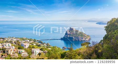 Aerial panoramic view of Aragonese Castle, popular landmark and travel destination in Tyrrhenian sea near Ischia island, Italy. Aerial panoramic view of Aragonese Castle, popular landmark and travel destination in Tyrrhenian sea near Ischia island, Italy. 119289956