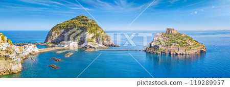 Panoramic collage with famous attractions of Ischia Island in Italy: Aragonese Castle, green mountain near fishing village Sant'Angelo and clear azure sea. Panoramic collage with famous attractions of Ischia Island in Italy: Aragonese Castle, green mountain near fishing village Sant'Angelo and clear azure sea. 119289957