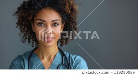 Portrait of a young biracial woman in medical scrubs against a gray background 119290089