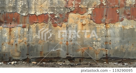 Aged industrial wall with peeling paint and rust, showing signs of decay and weathering Aged industrial wall with peeling paint and rust, showing signs of decay and weathering 119290095
