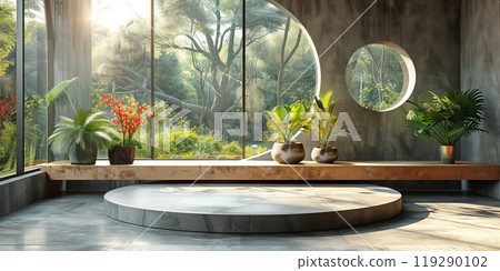 Modern interior with large windows, potted plants, and round platforms overlooking lush greenery Modern interior with large windows, potted plants, and round platforms overlooking lush greenery 119290102